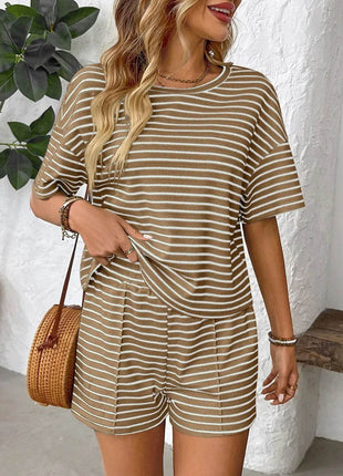 Striped Round Neck Short Sleeve Top and Shorts Set - MimiStylez