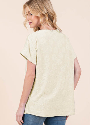 BOMBOM Textured Floral Pattern Short Sleeve T-Shirt - MimiStylez