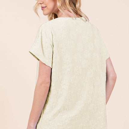 BOMBOM Textured Floral Pattern Short Sleeve T-Shirt - MimiStylez