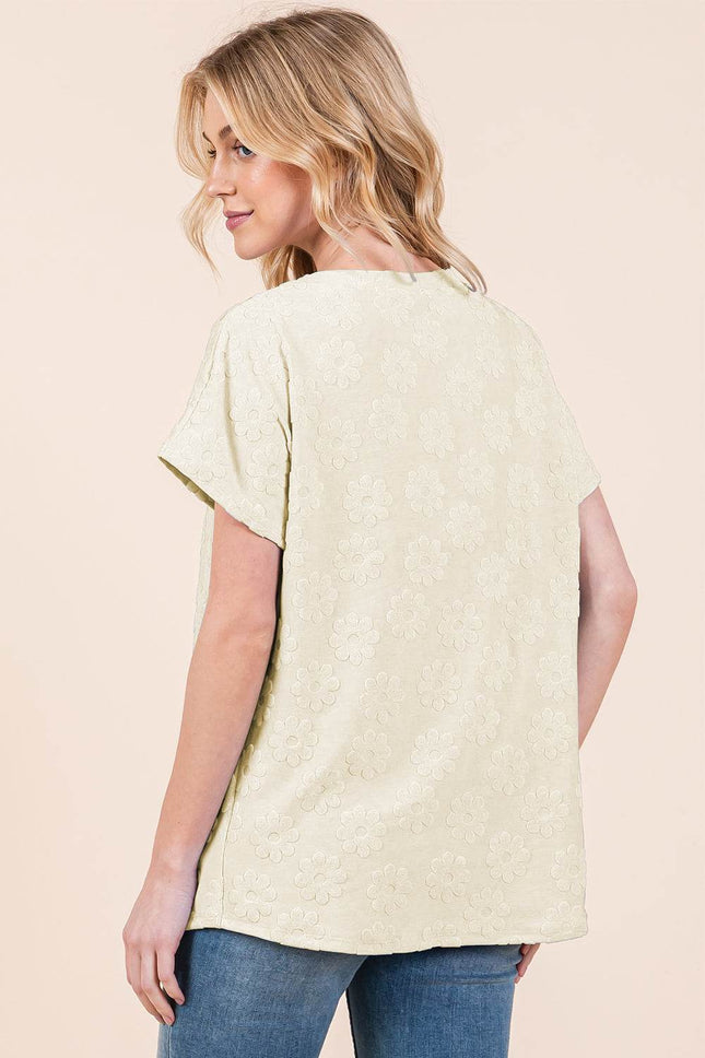 BOMBOM Textured Floral Pattern Short Sleeve T-Shirt - MimiStylez