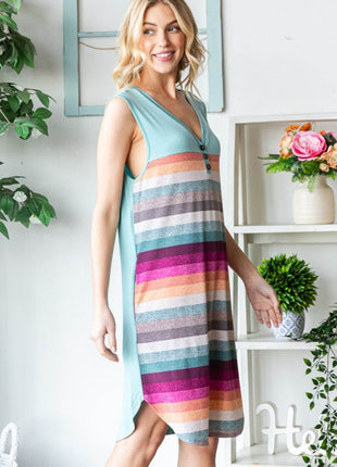 Heimish Full Size Striped Sleeveless V Neck Dress - MimiStylez