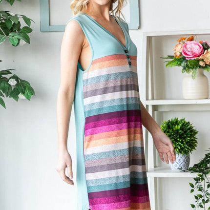 Heimish Full Size Striped Sleeveless V Neck Dress - MimiStylez