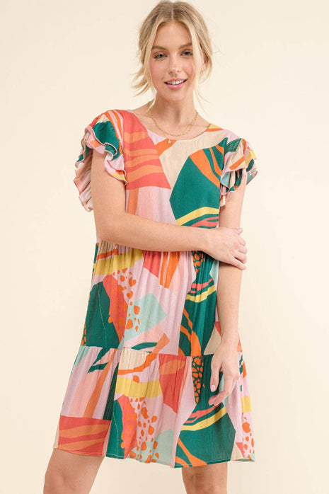 And The Why Printed Double Ruffle Sleeve Dress - MimiStylez