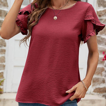 Textured Petal Sleeve Round Neck Tee - MimiStylez