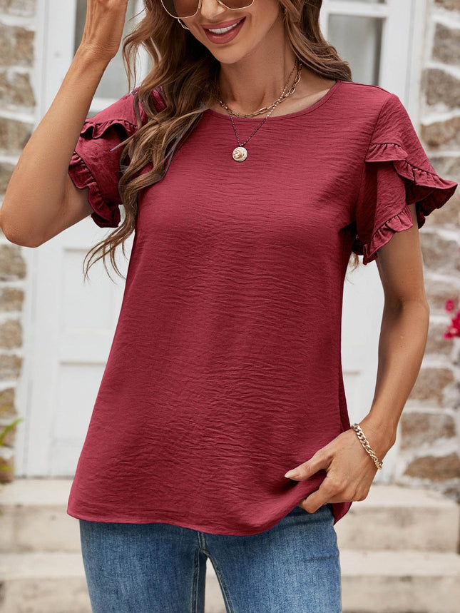 Textured Petal Sleeve Round Neck Tee - MimiStylez