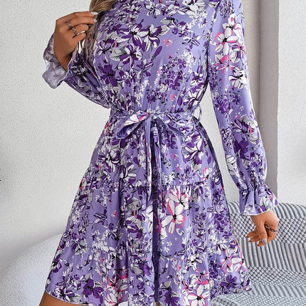 Printed Mock Neck Flounce Sleeve Mini Dress - MimiStylez
