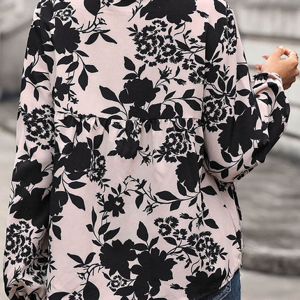 Printed Tie Neck Balloon Sleeve Blouse - MimiStylez