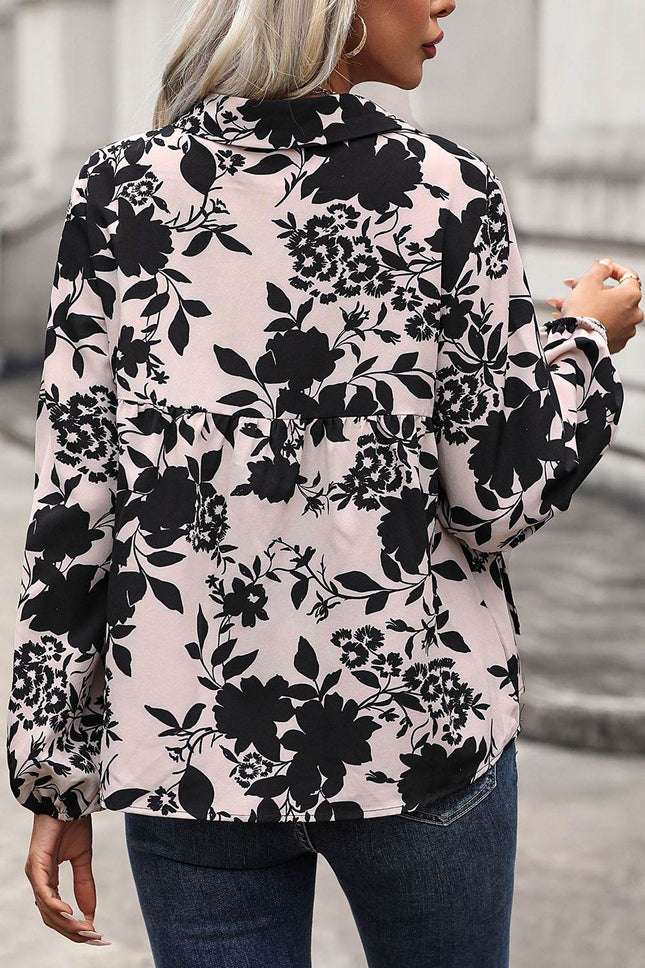 Printed Tie Neck Balloon Sleeve Blouse - MimiStylez