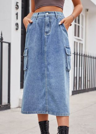 Slit Buttoned Denim Skirt with Pockets - MimiStylez