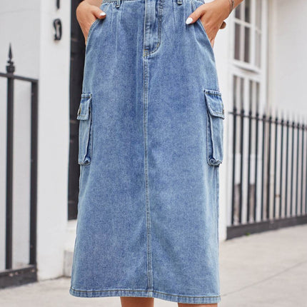 Slit Buttoned Denim Skirt with Pockets - MimiStylez
