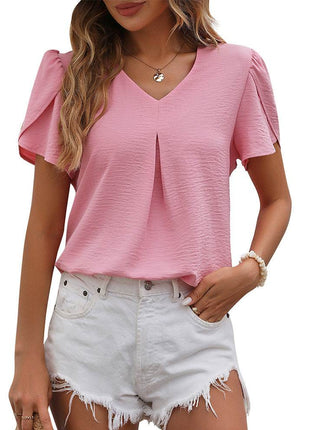 Women's Casual V-neck Chiffon Shirt Puffed Sleeve - MimiStylez