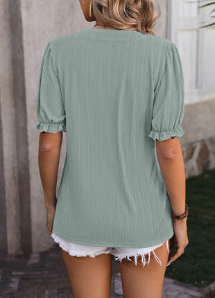 Textured Notched Flounce Sleeve Blouse - MimiStylez