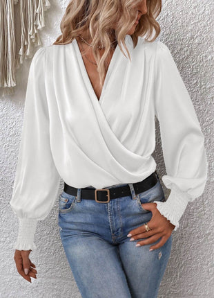 Surplice Smocked Lantern Sleeve Blouse - MimiStylez