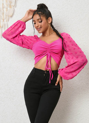 Swiss Dot Drawstring Cropped Blouse - MimiStylez