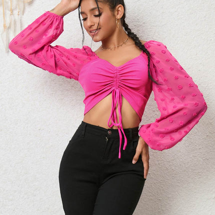 Swiss Dot Drawstring Cropped Blouse - MimiStylez