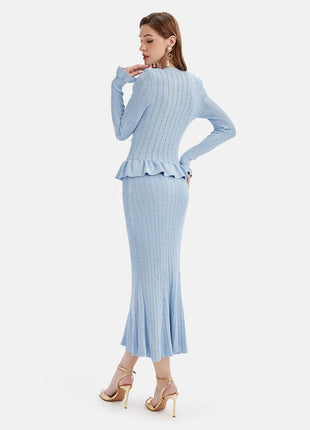 Ruffled V-Neck Top and Midi Skirt Sweater Set - MimiStylez