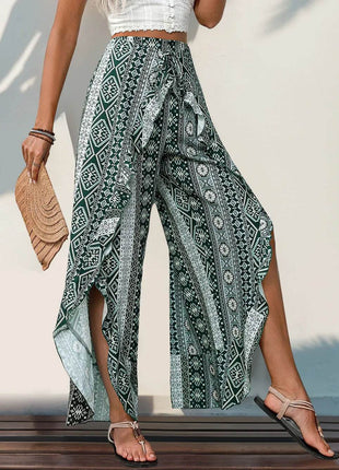 Perfee Slit Ruffled Geometric Wide Leg Pants - MimiStylez