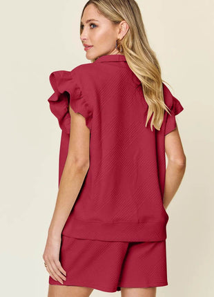 Double Take Full Size Texture Flounce Sleeve Top and Drawstring Shorts Set - MimiStylez
