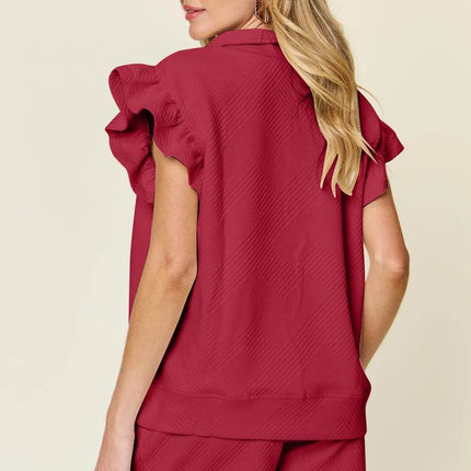 Double Take Full Size Texture Flounce Sleeve Top and Drawstring Shorts Set - MimiStylez