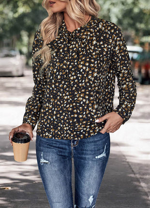 Printed Tie Neck Long Sleeve Top - MimiStylez