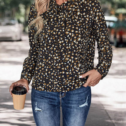 Printed Tie Neck Long Sleeve Top - MimiStylez