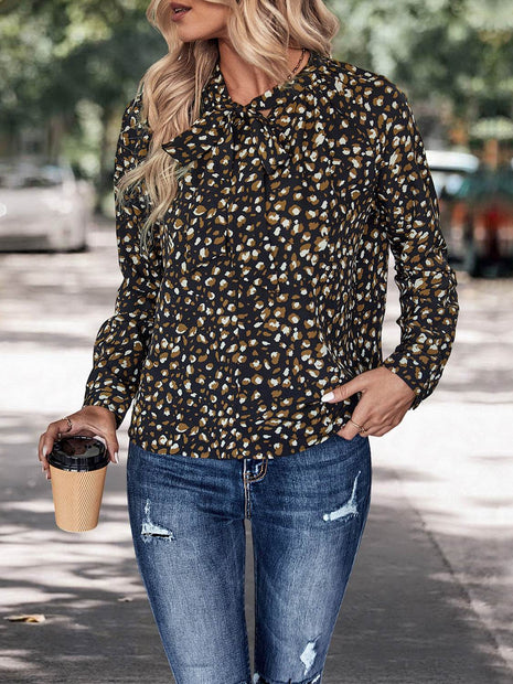 Printed Tie Neck Long Sleeve Top - MimiStylez