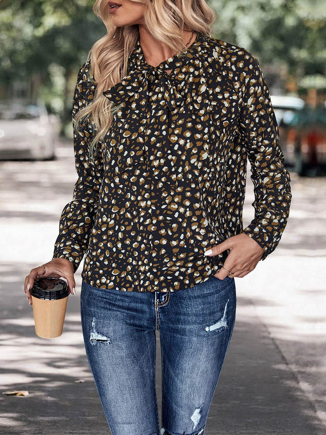 Printed Tie Neck Long Sleeve Top - MimiStylez