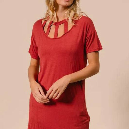 BiBi Front Cutout Mini Tee Dress with Pockets - MimiStylez