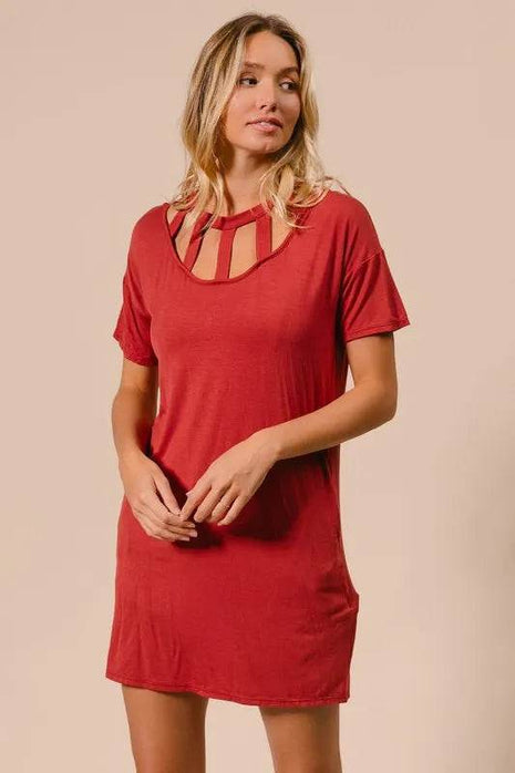 BiBi Front Cutout Mini Tee Dress with Pockets - MimiStylez