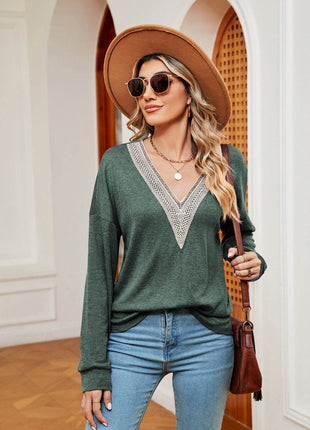 Contrast V-Neck Long Sleeve Blouse - MimiStylez
