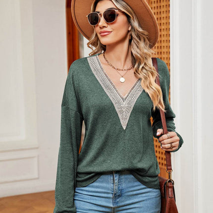 Contrast V-Neck Long Sleeve Blouse - MimiStylez