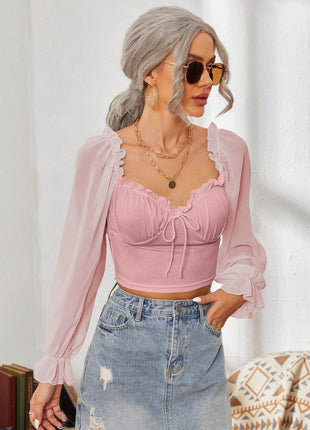 Mesh Sweetheart Neck Flounce Sleeve Top - MimiStylez