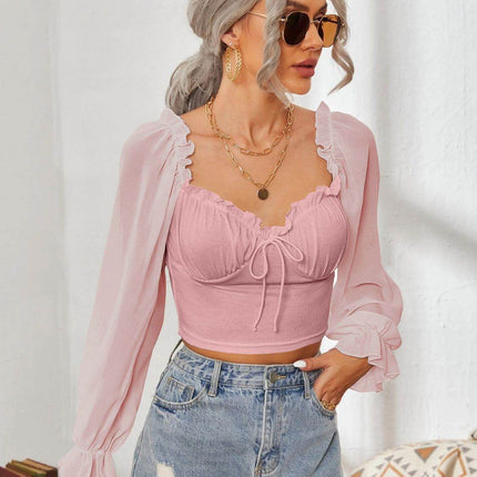 Mesh Sweetheart Neck Flounce Sleeve Top - MimiStylez