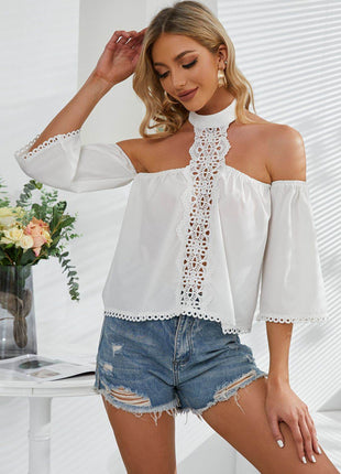 Crochet Halter Neck Cold-Shoulder Blouse - MimiStylez