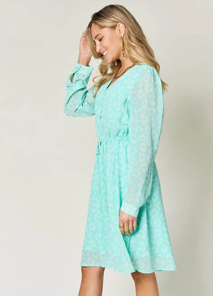 Double Take Full Size Printed Ruched V-Neck Long Sleeve Dress - MimiStylez
