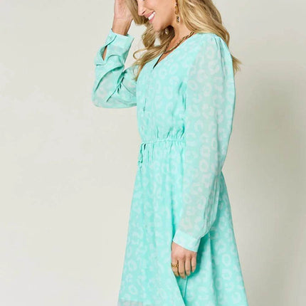 Double Take Full Size Printed Ruched V-Neck Long Sleeve Dress - MimiStylez