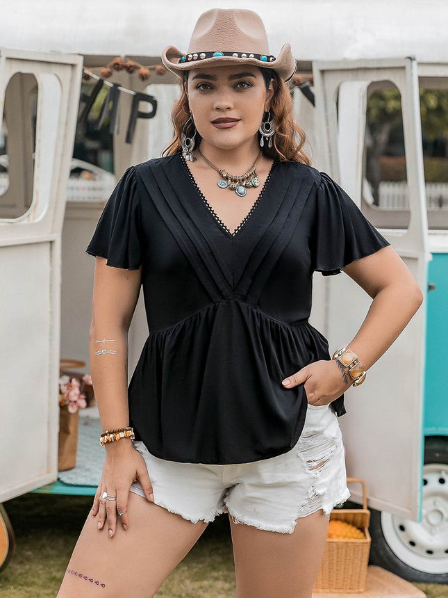 Plus Size V-Neck Flutter Sleeve Blouse - MimiStylez