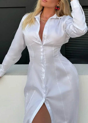 Devine Long Sleeve Midi Shirt Dress - MimiStylez