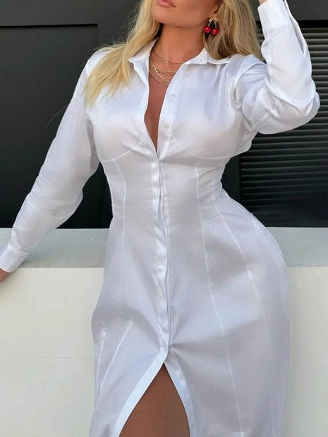 Devine Long Sleeve Midi Shirt Dress - MimiStylez