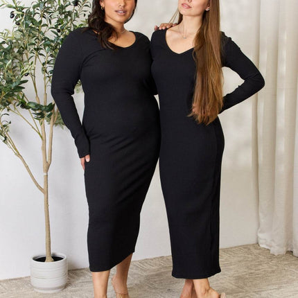 Culture Code Full Size Ribbed Long Sleeve Midi Slit Dress - MimiStylez