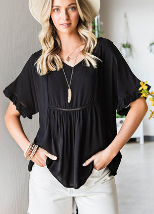 V-Neck Flounce Sleeve Babydoll Blouse - MimiStylez