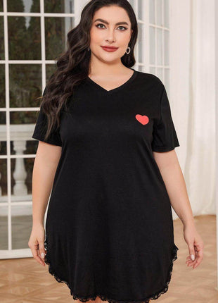 Plus Size Lace Trim V-Neck Short Sleeve Night Dress - MimiStylez