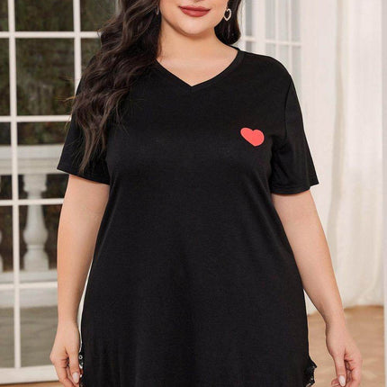 Plus Size Lace Trim V-Neck Short Sleeve Night Dress - MimiStylez