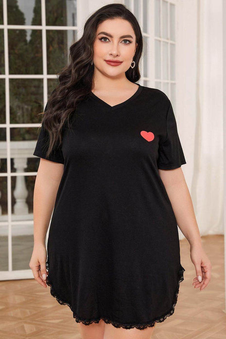 Plus Size Lace Trim V-Neck Short Sleeve Night Dress - MimiStylez