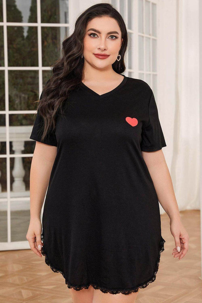 Plus Size Lace Trim V-Neck Short Sleeve Night Dress - MimiStylez