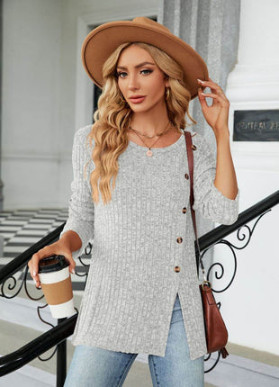 Buttoned Long Sleeve Slit Top - MimiStylez
