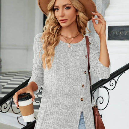 Buttoned Long Sleeve Slit Top - MimiStylez