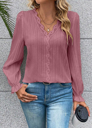 V-Neck Lace Detail Flounce Sleeve Blouse - MimiStylez