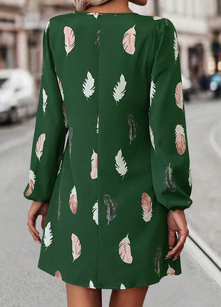 Feather Print V-Neck Dress - MimiStylez