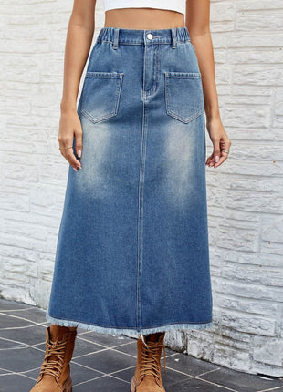 Raw Hem Buttoned Denim Skirt with Pockets - MimiStylez